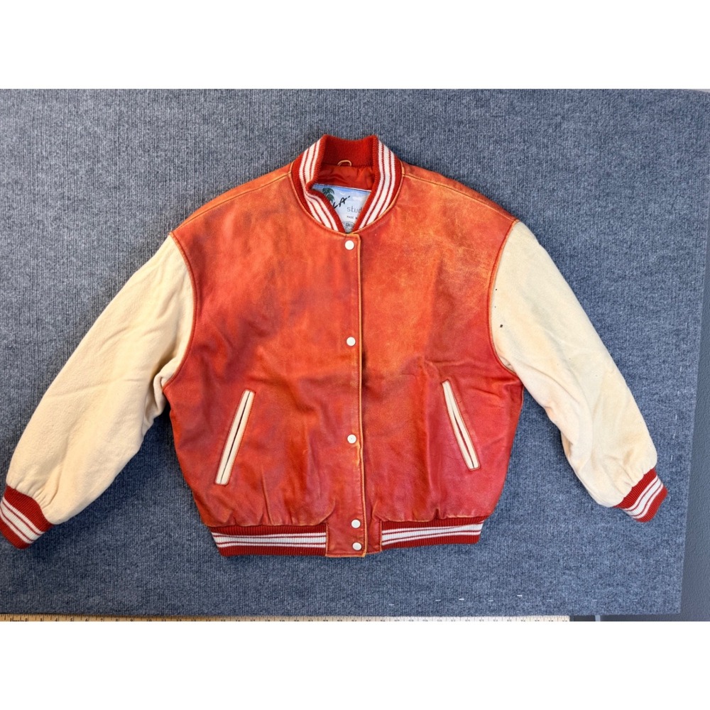 Vintage LA Studio Mens MED Orange Leather Wool Varsity Jacket Bomber Korea Y2K